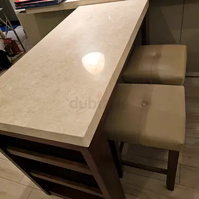 Solid Wood Dining Table with Marble-Top Look (Seats 4) - Good Condition