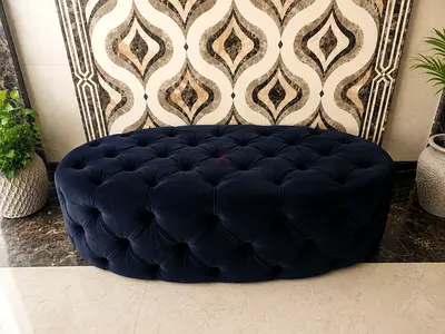 Dark Blue Tufted Velvet Oval Ottoman / Bench