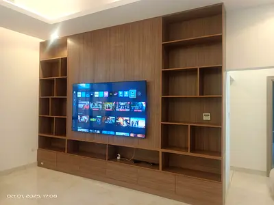 Custom Wooden Entertainment Wall Unit with Shelves and Storage