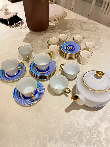 Porcelain Tea Set with Gold Trim - 12 Cups, Saucers and Teapot