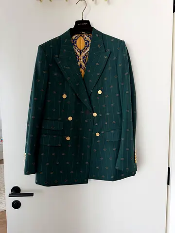 Gucci Green Double-Breasted Blazer Jacket with GG logos Gold Buttons Size 38IT