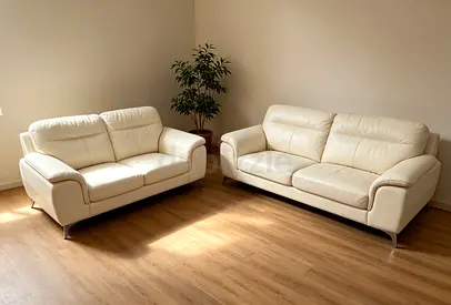 Set of Two Cream Leather Sofas — 2-seater and 3-seater, Good Condition