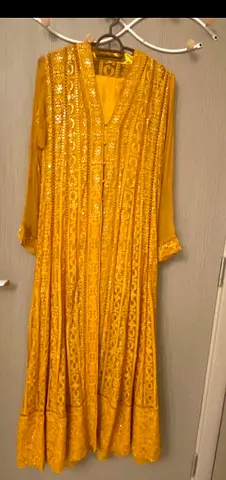 Hand-embroidered mustard yellow long traditional womens beautiful 4 piece suit
