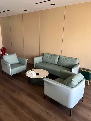 Modern light-green 3-seater sofa set with two armchairs and coffee table