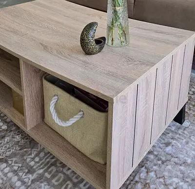 Light Oak Coffee Table with Built-in Storage Shelves