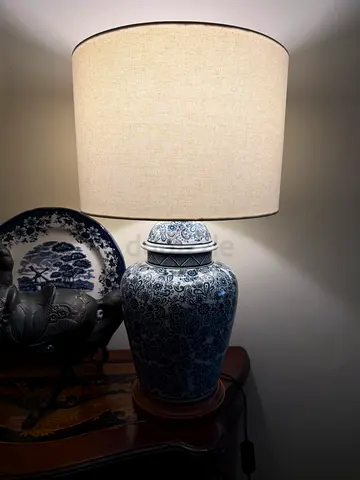 Blue and White Ceramic Table Lamp with Linen Shade
