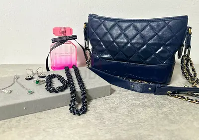 Preloved Chanel Style Navy Quilted Chain-Strap Crossbody Bag with accessories and perfume bundle