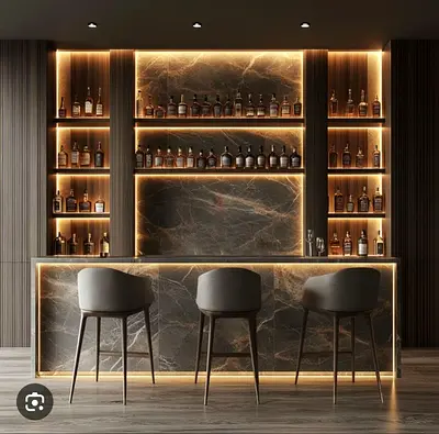 Modern Marble Home Bar with Backlit Shelving and 3 Stools