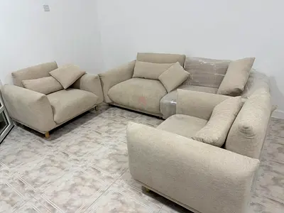 Light Beige Fabric Sofa Set - 3-Seater + 2 Armchairs, Good Condition