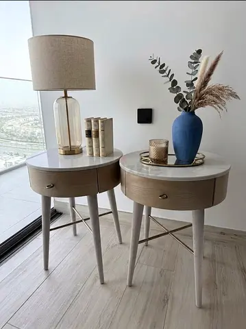 Pair of West-Elm Round Marble-Top Side Tables with Drawers.