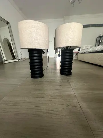 Pair of Black Ribbed Ceramic Table Lamps with linen  Shades from 2XL