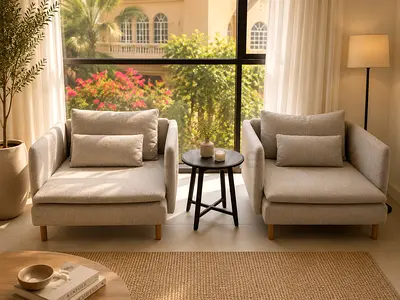 Pair of Beige Fabric Lounge Chairs with Ottoman-style Seats