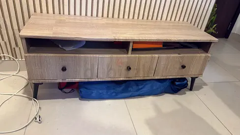 Wooden TV Console with 3 Drawers and Open Shelves - Light Oak