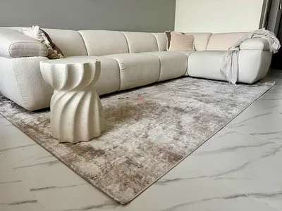 Large Neutral Modern Rug — Pan , 6 months used with burn damaged