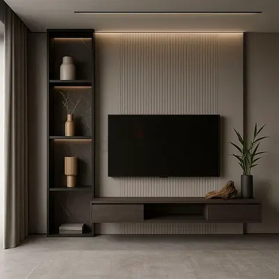 Wall-mounted TV Entertainment Unit with Built-in Shelving - Dark Wood Finish