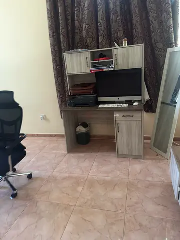 Compact computer desk with hutch and storage - light wood finish