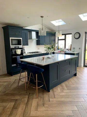 Modern Navy Kitchen Island with Breakfast Bar and Quartz Top