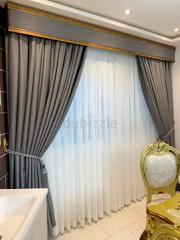 Grey Fabric Curtains with Sheer White Liner and Decorative Pelmet