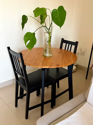 Round Pine Dining Table with 2 Black Chairs - Compact Set