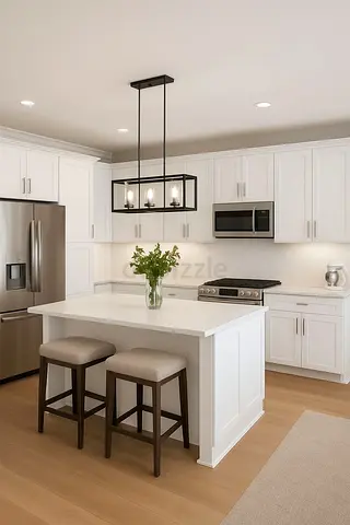 Modern White Kitchen Island with Stools and Pendant Light