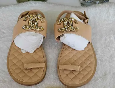 Chanel Quilted Sandals with Gold CC Logo 38 1/2