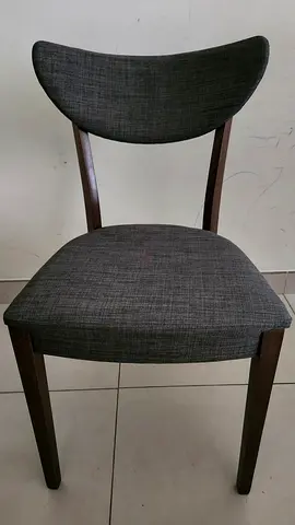Mid-century wooden dining chair with grey upholstered seat and back