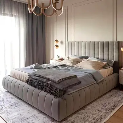Modern Grey Upholstered Bed Frame with Fluted Headboard