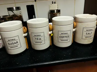 Set of 4 Ceramic Kitchen Canisters – Sugar, Tea, Coffee, Salt