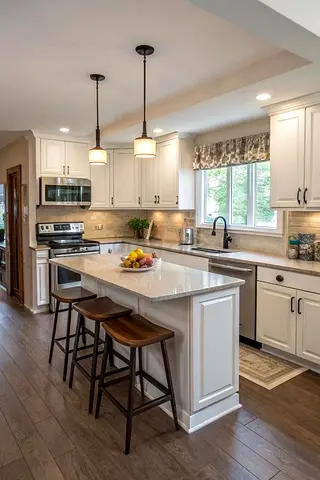 Modern white kitchen island with stools and pendant lights