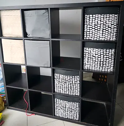 IKEA KALLAX 4x4 Shelving Unit with Underframe, Black-Brown, 147x164 cm