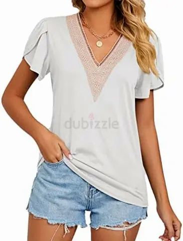 Lightweight White V-neck Lace Trim Short Sleeve Top, Size L , Check my add, If you buy all-discount
