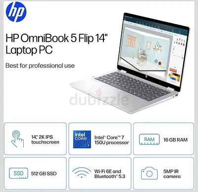 HP OmniBook 5 Flip 14 - Intel Core i7, 16GB RAM, 512GB SSD, 2K Touchscreen
