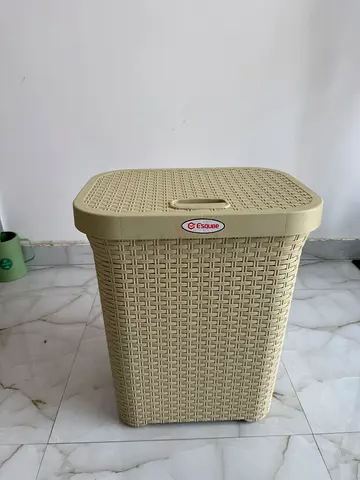 Beige Rattan-Style Plastic Laundry Bin / Storage Basket - Good Condition