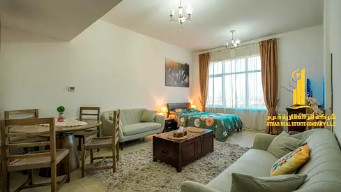 Luxury studio with a large area, fully furnished with a separate kitchen ✨ Ajman Horizon Towers. For monthly rent.