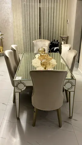 Mirrored Glass Dining Table with Upholstered Chairs - Elegant Set like new no scratch