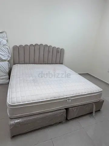 King size upholstered bed frame with mattress — barely used, neutral beige
