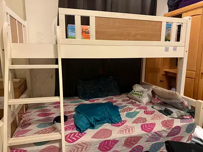 White wooden bunk bed (ladder included) - good condition