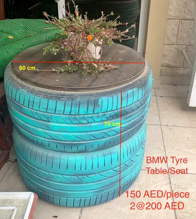 Upcycled BMW Tire Side Table / Seat - Set of 2 (Hand-Painted, 60x70cm)