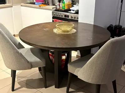 Round Wooden Dining Table with 5  Upholstered beige Chairs - Dark Brown