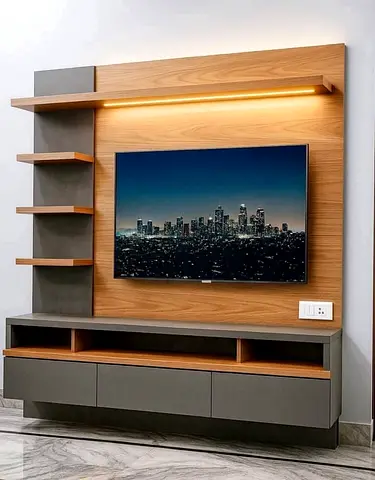 Modern wall-mounted TV entertainment unit with shelves and LED light