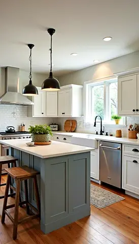 Modern white kitchen with island and pendant lights — well maintained