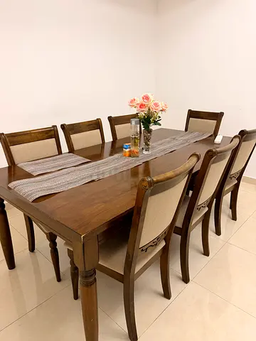 Solid Wood Dining Table with 7 Upholstered Chairs - Classic Design