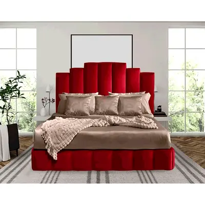 Red Velvet Upholstered Bed with Tall Channel Tufted Headboard