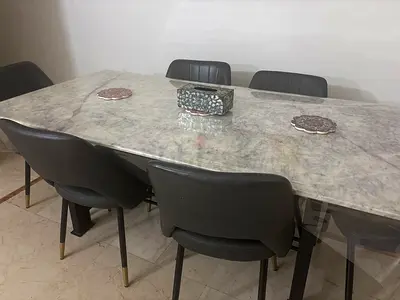 Modern Marble Dining Table with Six Leather Chairs
