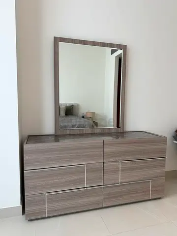 Modern grey wood dresser with mirror - good condition