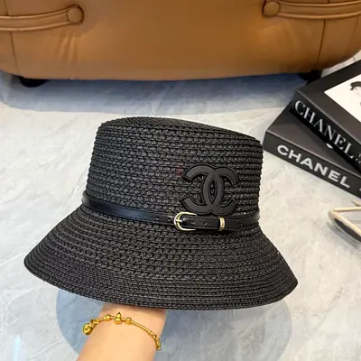 Chanel woven straw bucket hat in black