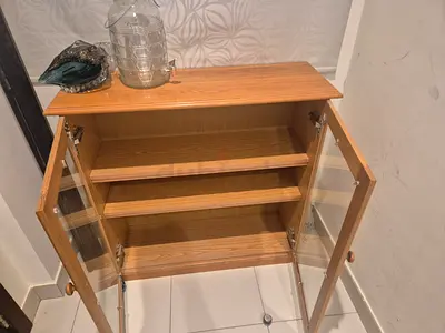Small Oak Wooden Cabinet with Glass Doors - 3 Shelves