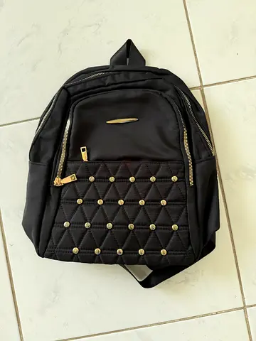 Black Quilted Backpack with Stud Details