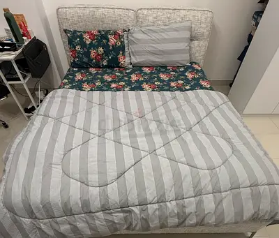 Queen bed frame with mattress and bedding - good condition