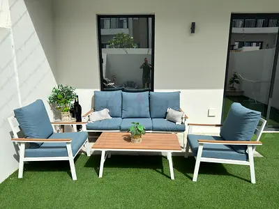 Outdoor 4-Piece Garden Sofa Set with Cushions and Table Blue/White